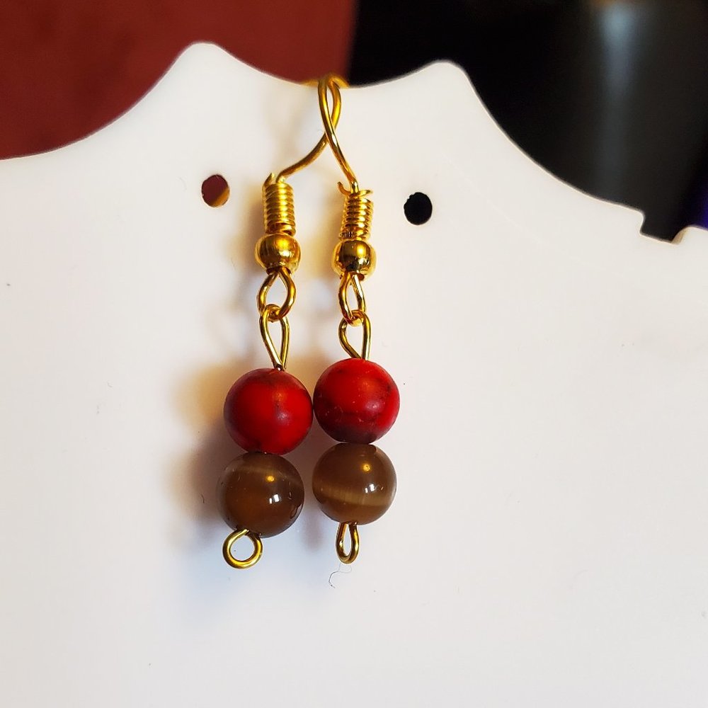 Gold Tone Hook Jasper and Cat's Eye Bead Dangle Earrings Tony Alexander Jewelry